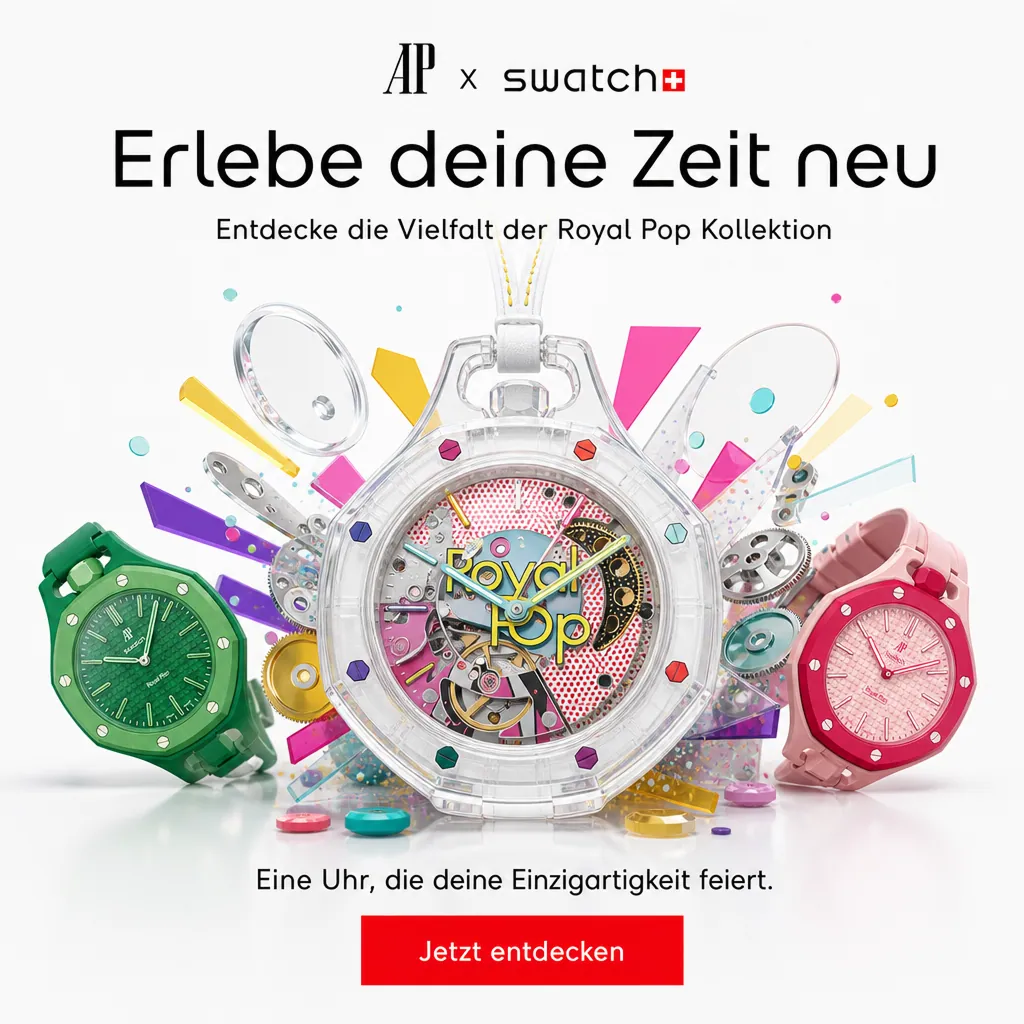 KI-E-Commerce-Creative für AP × Swatch mit dem Hook „Erlebe deine Zeit neu“